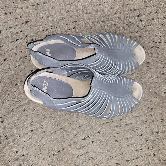 CAMPER-Rachael-Gray Strappy Leather-Wooden Wedge Sandals-SZ 39-8.5-Excellent - Picture 6 of 8
